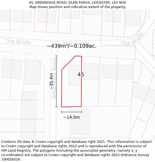 45, GREENDALE ROAD, GLEN PARVA, LEICESTER, LE2 9HD: Plot and title map
