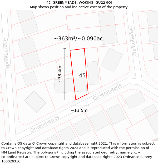 45, GREENMEADS, WOKING, GU22 9QJ: Plot and title map