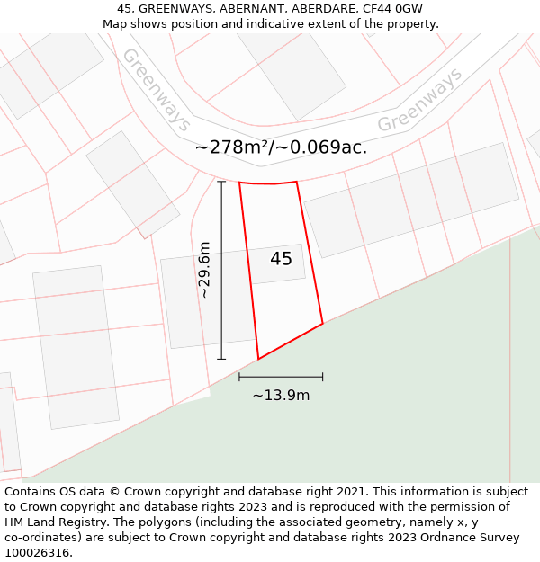 45, GREENWAYS, ABERNANT, ABERDARE, CF44 0GW: Plot and title map