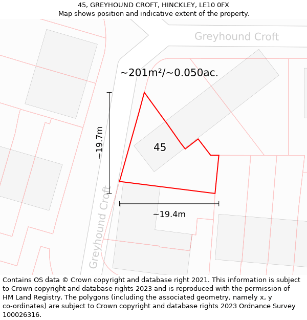 45, GREYHOUND CROFT, HINCKLEY, LE10 0FX: Plot and title map