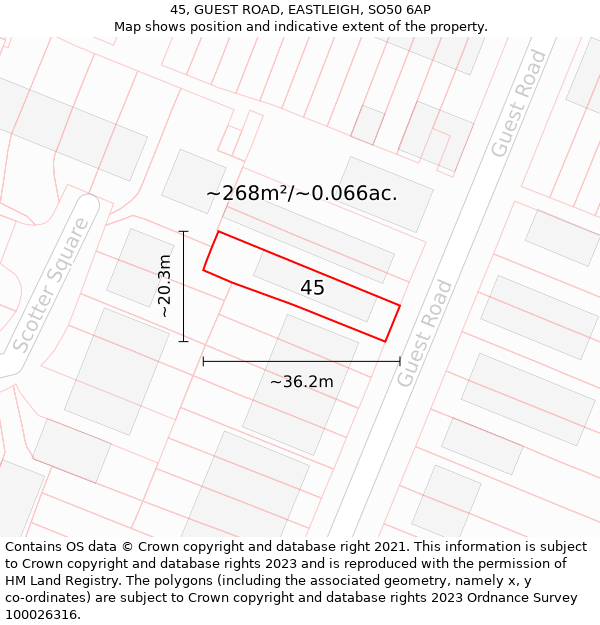 45, GUEST ROAD, EASTLEIGH, SO50 6AP: Plot and title map