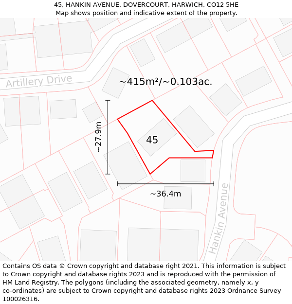 45, HANKIN AVENUE, DOVERCOURT, HARWICH, CO12 5HE: Plot and title map