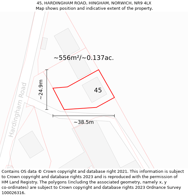 45, HARDINGHAM ROAD, HINGHAM, NORWICH, NR9 4LX: Plot and title map