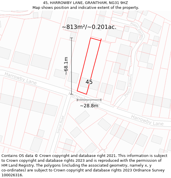 45, HARROWBY LANE, GRANTHAM, NG31 9HZ: Plot and title map