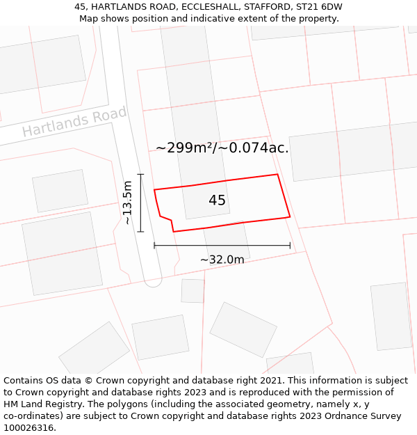 45, HARTLANDS ROAD, ECCLESHALL, STAFFORD, ST21 6DW: Plot and title map