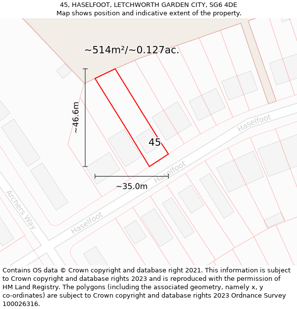 45, HASELFOOT, LETCHWORTH GARDEN CITY, SG6 4DE: Plot and title map