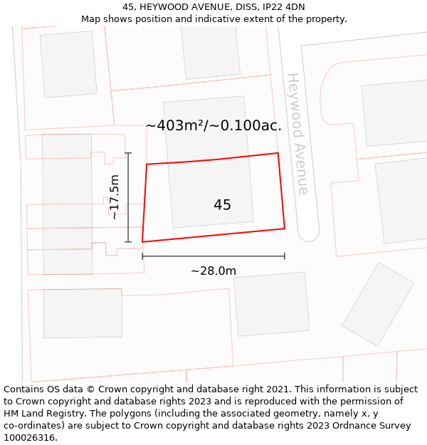 45, HEYWOOD AVENUE, DISS, IP22 4DN: Plot and title map