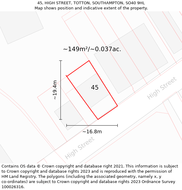 45, HIGH STREET, TOTTON, SOUTHAMPTON, SO40 9HL: Plot and title map