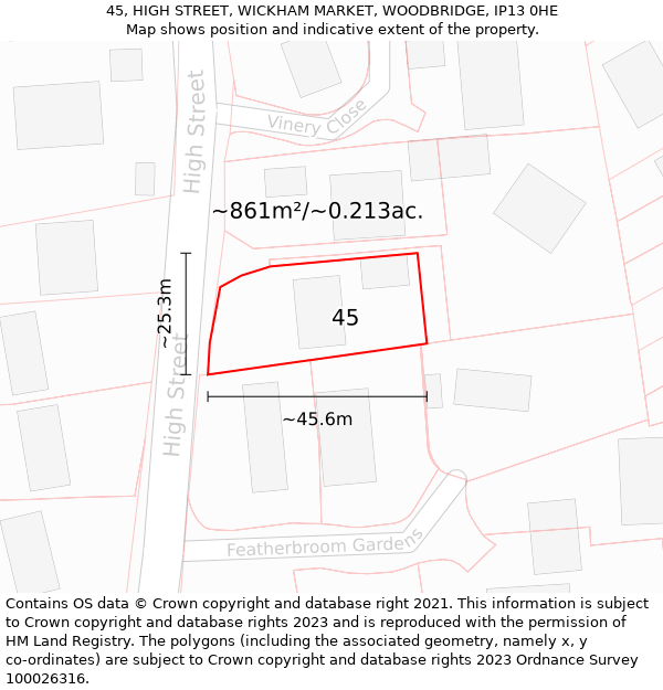 45, HIGH STREET, WICKHAM MARKET, WOODBRIDGE, IP13 0HE: Plot and title map
