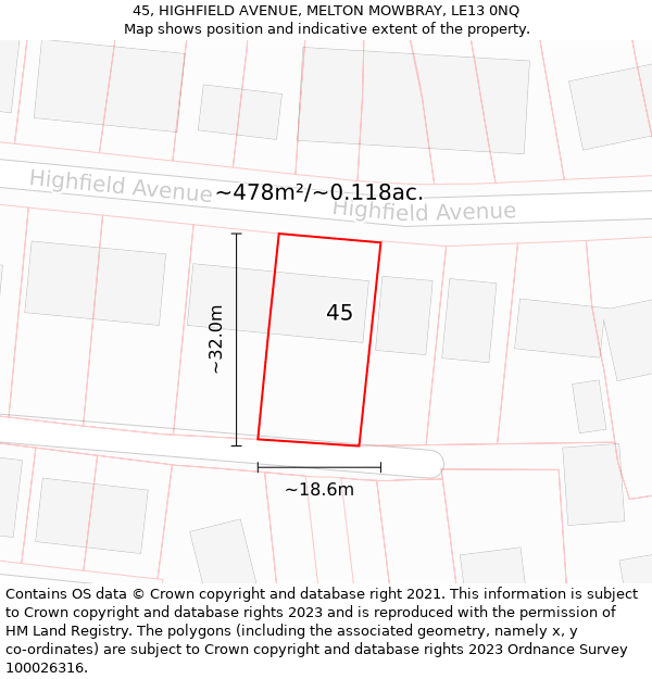 45, HIGHFIELD AVENUE, MELTON MOWBRAY, LE13 0NQ: Plot and title map