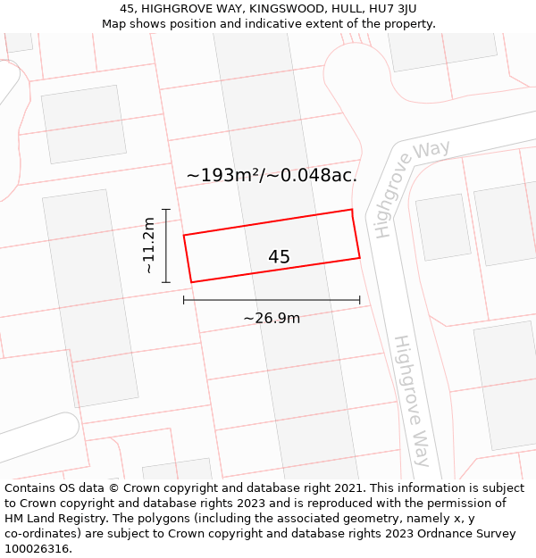 45, HIGHGROVE WAY, KINGSWOOD, HULL, HU7 3JU: Plot and title map