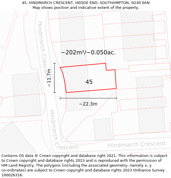 45, HINDMARCH CRESCENT, HEDGE END, SOUTHAMPTON, SO30 0AN: Plot and title map