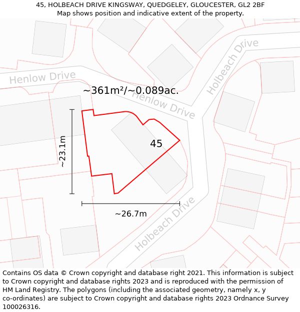 45, HOLBEACH DRIVE KINGSWAY, QUEDGELEY, GLOUCESTER, GL2 2BF: Plot and title map