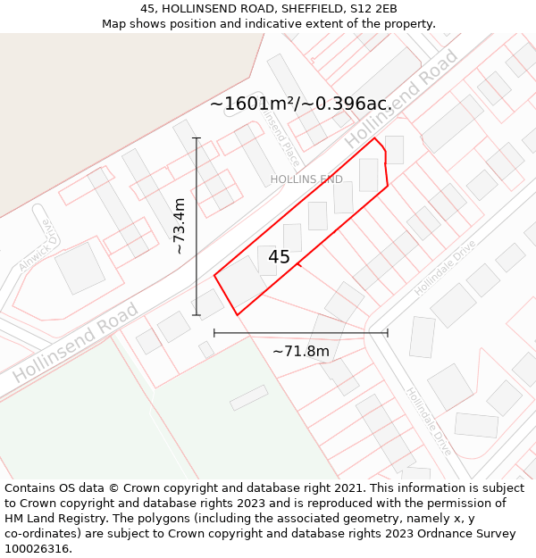 45, HOLLINSEND ROAD, SHEFFIELD, S12 2EB: Plot and title map