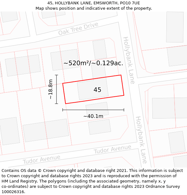 45, HOLLYBANK LANE, EMSWORTH, PO10 7UE: Plot and title map