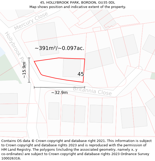 45, HOLLYBROOK PARK, BORDON, GU35 0DL: Plot and title map