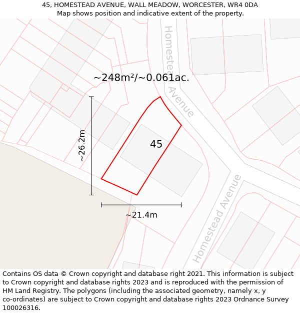 45, HOMESTEAD AVENUE, WALL MEADOW, WORCESTER, WR4 0DA: Plot and title map