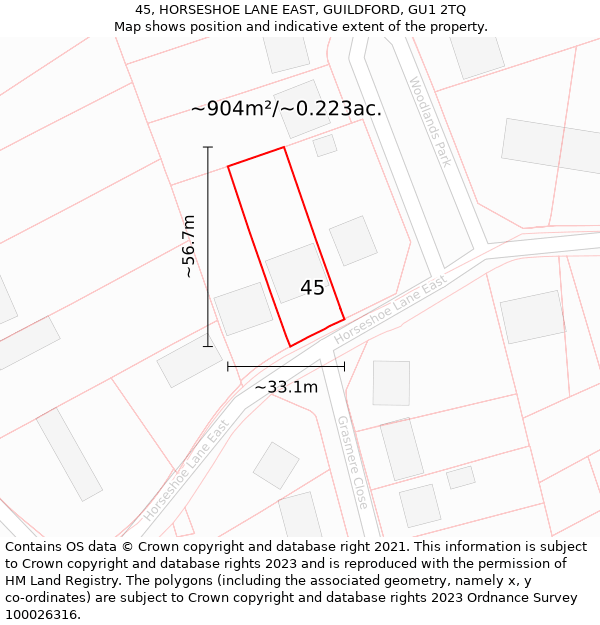 45, HORSESHOE LANE EAST, GUILDFORD, GU1 2TQ: Plot and title map