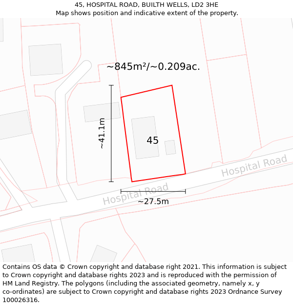 45, HOSPITAL ROAD, BUILTH WELLS, LD2 3HE: Plot and title map