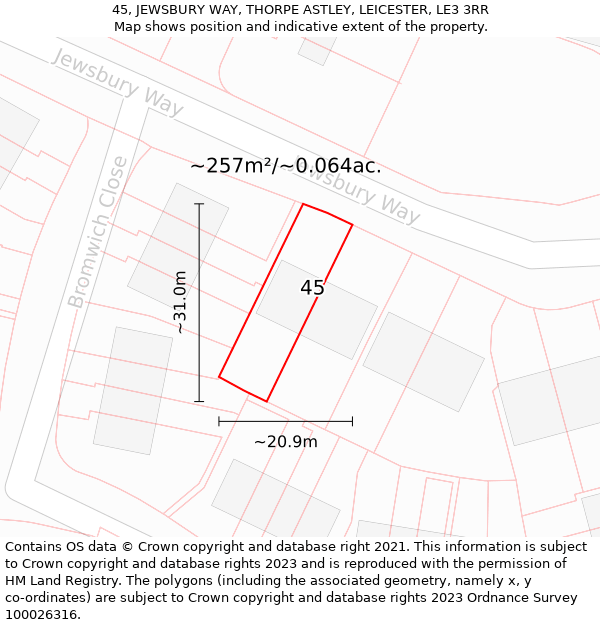 45, JEWSBURY WAY, THORPE ASTLEY, LEICESTER, LE3 3RR: Plot and title map