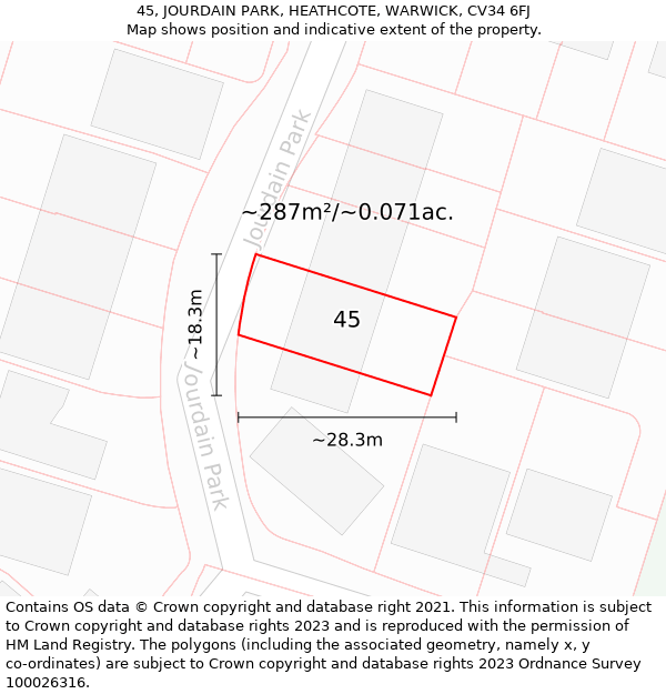 45, JOURDAIN PARK, HEATHCOTE, WARWICK, CV34 6FJ: Plot and title map