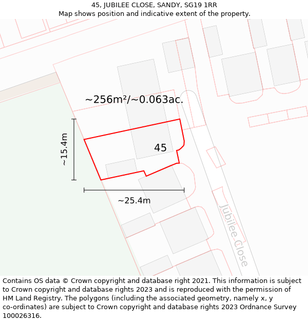 45, JUBILEE CLOSE, SANDY, SG19 1RR: Plot and title map