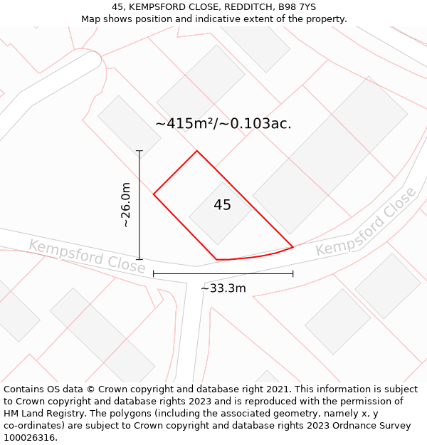 45, KEMPSFORD CLOSE, REDDITCH, B98 7YS: Plot and title map