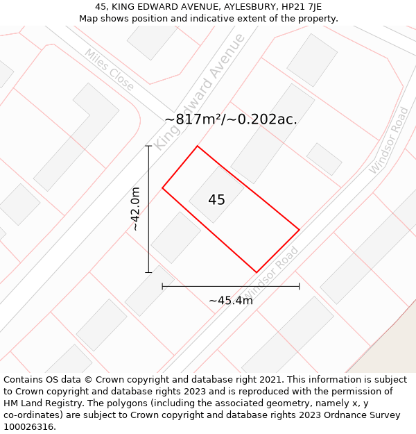 45, KING EDWARD AVENUE, AYLESBURY, HP21 7JE: Plot and title map