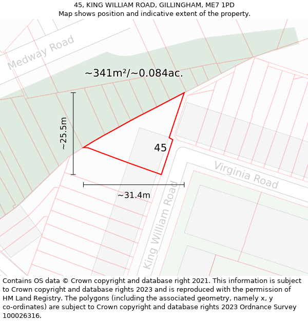 45, KING WILLIAM ROAD, GILLINGHAM, ME7 1PD: Plot and title map