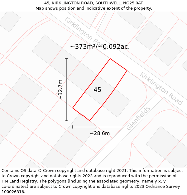 45, KIRKLINGTON ROAD, SOUTHWELL, NG25 0AT: Plot and title map