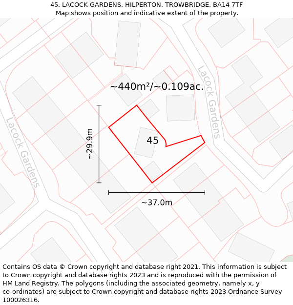 45, LACOCK GARDENS, HILPERTON, TROWBRIDGE, BA14 7TF: Plot and title map