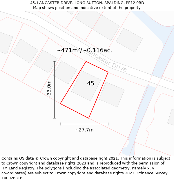 45, LANCASTER DRIVE, LONG SUTTON, SPALDING, PE12 9BD: Plot and title map