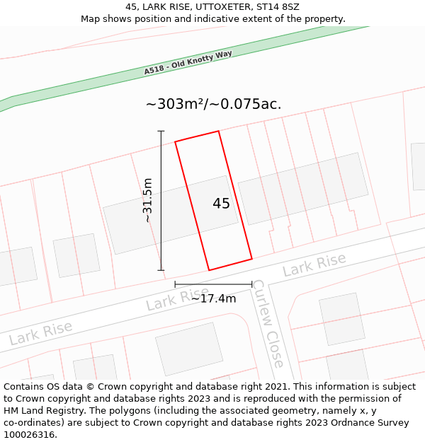 45, LARK RISE, UTTOXETER, ST14 8SZ: Plot and title map