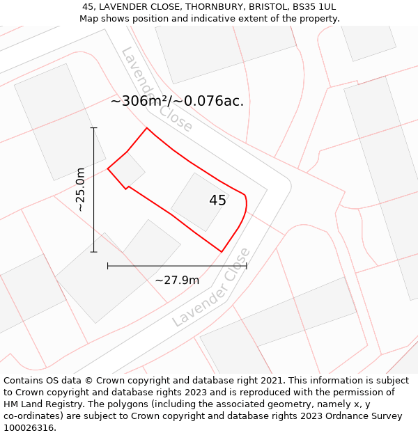 45, LAVENDER CLOSE, THORNBURY, BRISTOL, BS35 1UL: Plot and title map