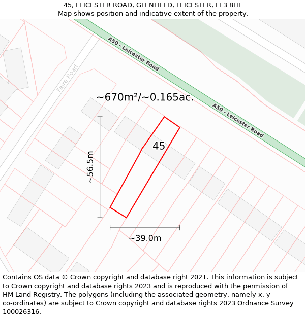 45, LEICESTER ROAD, GLENFIELD, LEICESTER, LE3 8HF: Plot and title map