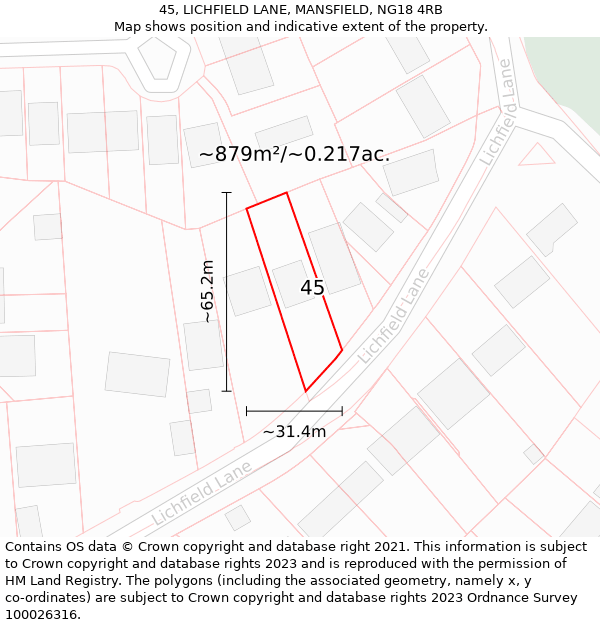 45, LICHFIELD LANE, MANSFIELD, NG18 4RB: Plot and title map