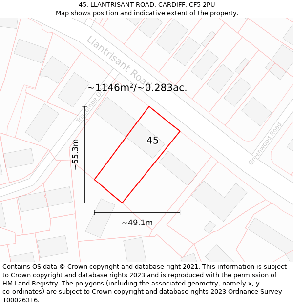 45, LLANTRISANT ROAD, CARDIFF, CF5 2PU: Plot and title map