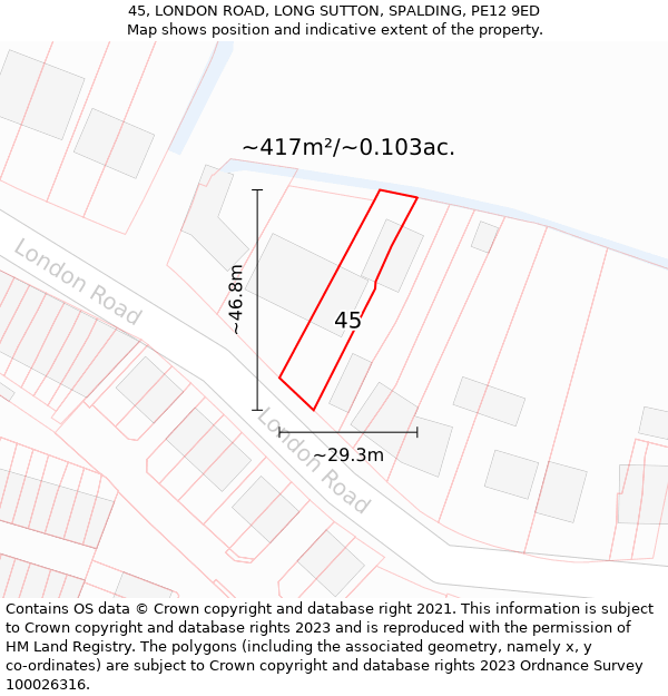 45, LONDON ROAD, LONG SUTTON, SPALDING, PE12 9ED: Plot and title map