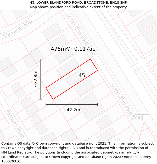 45, LOWER BLANDFORD ROAD, BROADSTONE, BH18 8NR: Plot and title map