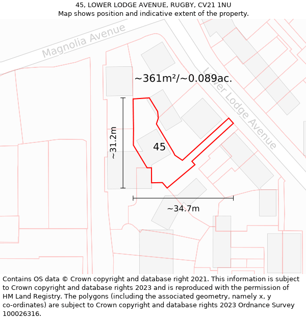 45, LOWER LODGE AVENUE, RUGBY, CV21 1NU: Plot and title map