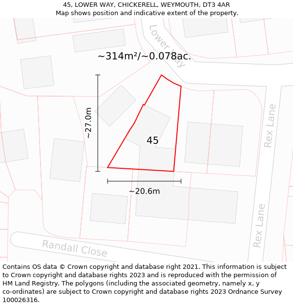 45, LOWER WAY, CHICKERELL, WEYMOUTH, DT3 4AR: Plot and title map