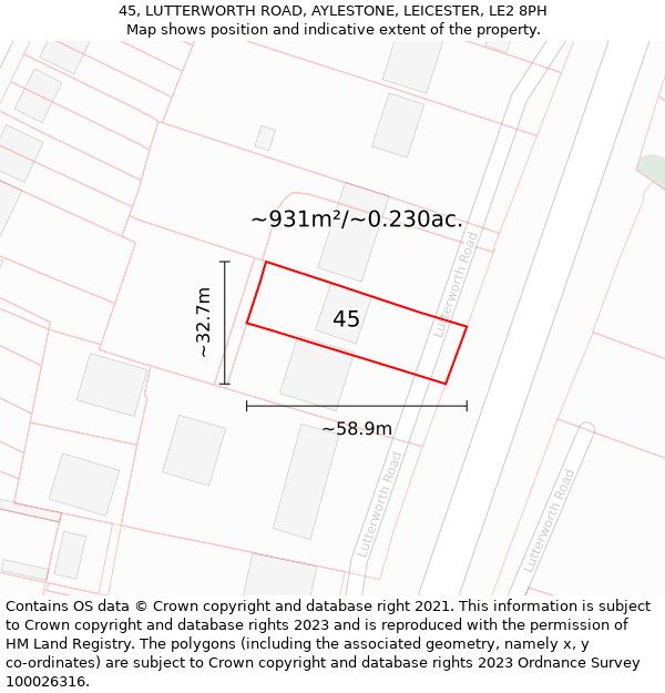45, LUTTERWORTH ROAD, AYLESTONE, LEICESTER, LE2 8PH: Plot and title map