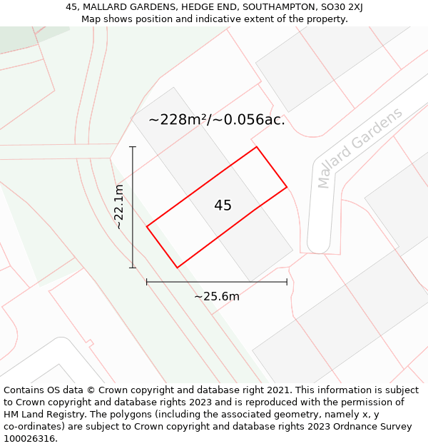 45, MALLARD GARDENS, HEDGE END, SOUTHAMPTON, SO30 2XJ: Plot and title map