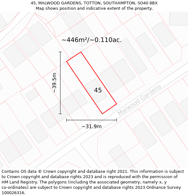 45, MALWOOD GARDENS, TOTTON, SOUTHAMPTON, SO40 8BX: Plot and title map