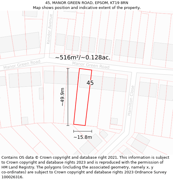 45, MANOR GREEN ROAD, EPSOM, KT19 8RN: Plot and title map