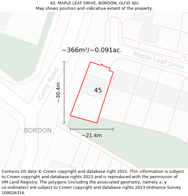 45, MAPLE LEAF DRIVE, BORDON, GU35 0JU: Plot and title map