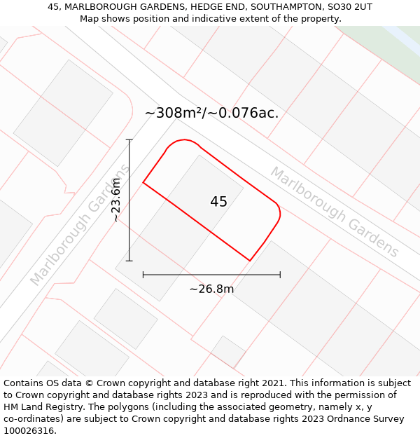 45, MARLBOROUGH GARDENS, HEDGE END, SOUTHAMPTON, SO30 2UT: Plot and title map