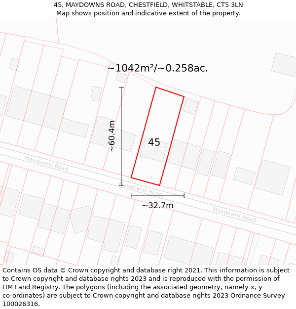 45, MAYDOWNS ROAD, CHESTFIELD, WHITSTABLE, CT5 3LN: Plot and title map