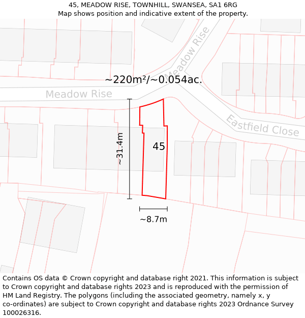 45, MEADOW RISE, TOWNHILL, SWANSEA, SA1 6RG: Plot and title map