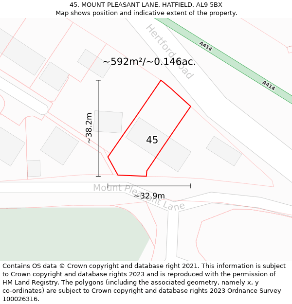 45, MOUNT PLEASANT LANE, HATFIELD, AL9 5BX: Plot and title map